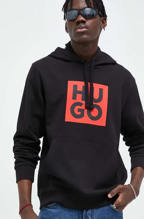 Хлопковая кофта HUGO мужская цвет чёрный с капюшоном с принтом