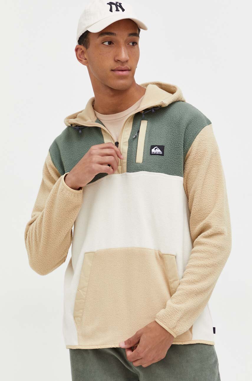 Fleecová mikina Quiksilver béžová farba, s kapucňou, vzorovaná