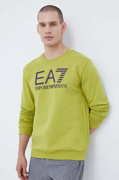 Bavlněná mikina EA7 Emporio Armani pánská, zelená barva, s aplikací