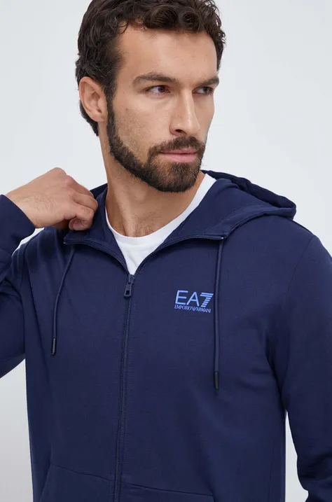 Bombažen pulover EA7 Emporio Armani moška, mornarsko modra barva, s kapuco