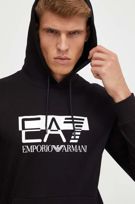 Bombažen pulover EA7 Emporio Armani moška, črna barva, s kapuco