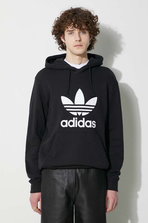 Pamučna dukserica adidas Originals Classics Trefoil Hoodie za muškarce, boja: crna, s kapuljačom, tiskom