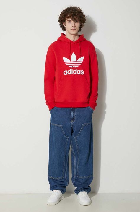 Памучен суичър adidas Originals  Classics Trefoil Hoodie в червено с качулка принт IM4497