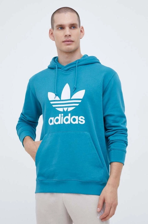 Bombažen pulover adidas Originals moška, turkizna barva, s kapuco