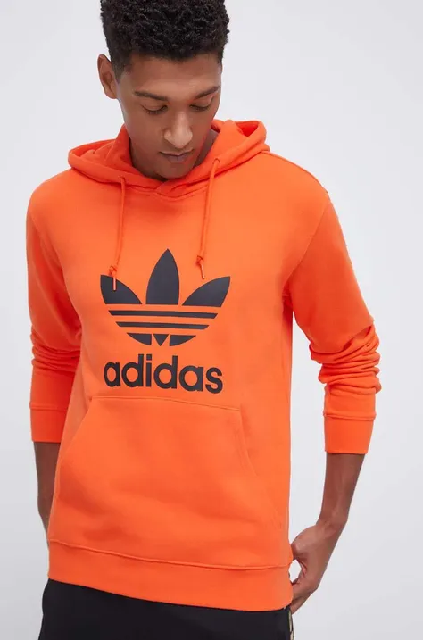 Bombažen pulover adidas Originals moška, oranžna barva, s kapuco