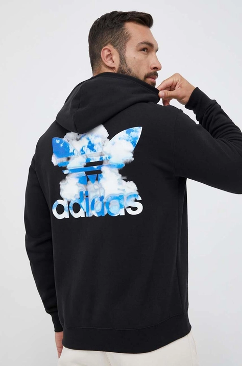 Pamučna dukserica adidas Originals za muškarce, boja: crna, s kapuljačom, s tiskom