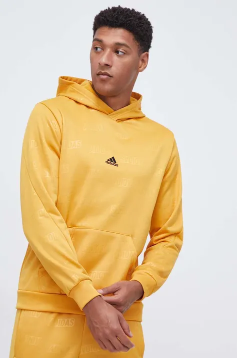 Суичър adidas в жълто с качулка с десен