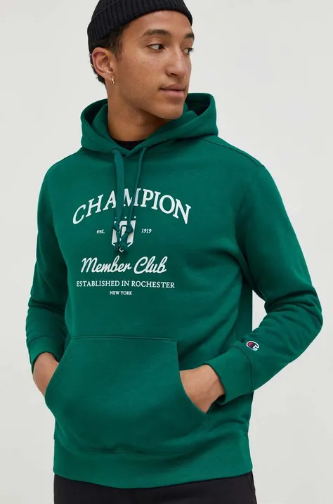 Mikina Champion pánska, zelená farba, s kapucňou, s potlačou