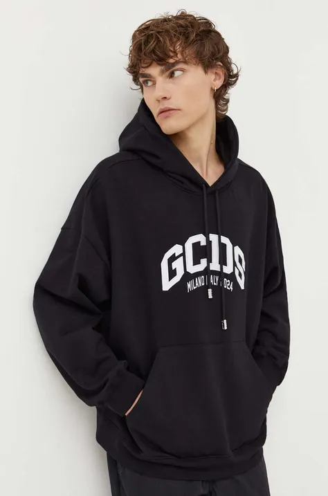 Bombažen pulover GCDS moška, črna barva, s kapuco