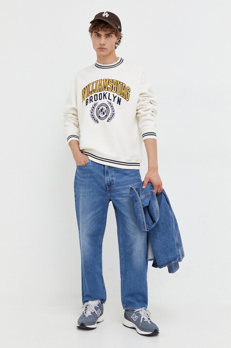 Abercrombie & Fitch bluza barbati, culoarea bej, cu imprimeu