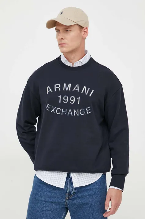 Pamučna dukserica Armani Exchange za muškarce, boja: tamno plava, s aplikacijom