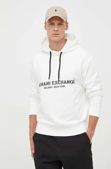 Bavlnená mikina Armani Exchange pánska, béžová farba, s kapucňou, s potlačou