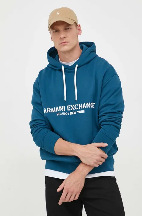 Памучен суичър Armani Exchange в синьо с качулка с принт