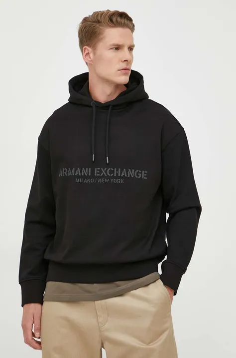 Bavlněná mikina Armani Exchange pánská, černá barva, s kapucí, s potiskem
