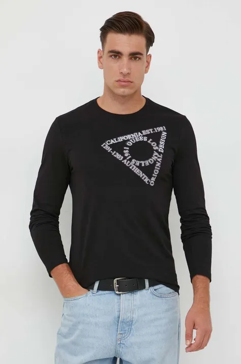 Βαμβακερή μπλούζα με μακριά μανίκια Guess χρώμα: μαύρο