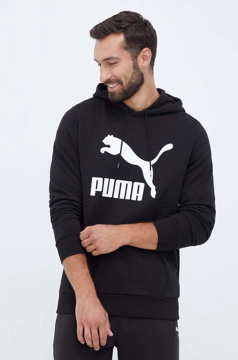 Хлопковая кофта Puma мужская цвет чёрный с капюшоном с принтом