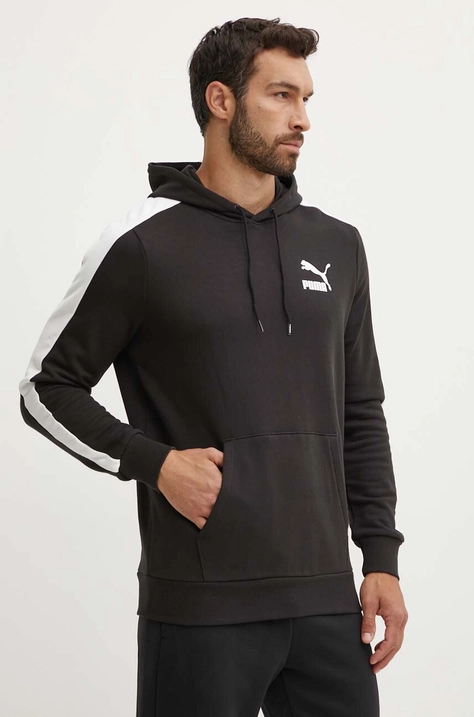 Puma hanorac de bumbac bărbați, culoarea negru, cu glugă, cu imprimeu