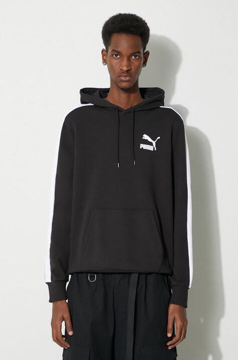 Хлопковая кофта Puma мужская цвет чёрный с капюшоном с принтом