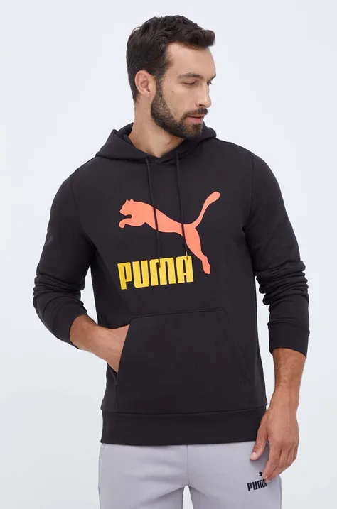 Памучен суичър Puma в черно с качулка с принт