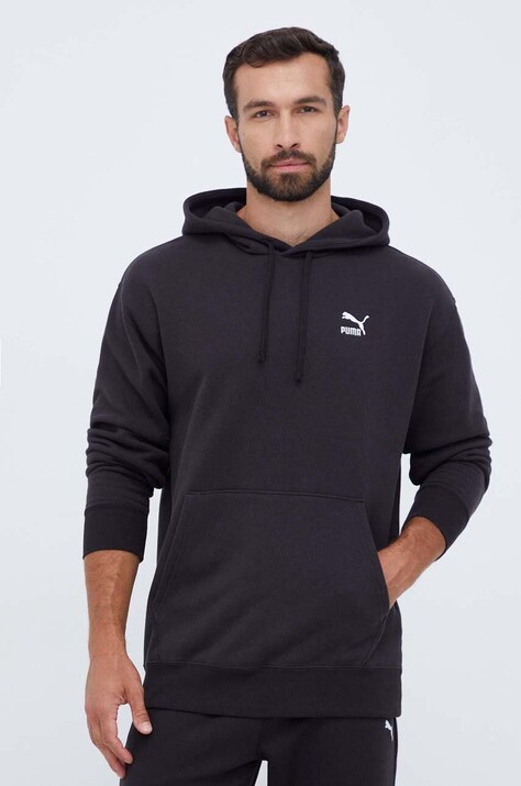 Puma hanorac de bumbac barbati, culoarea negru, cu glugă, cu imprimeu