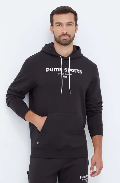 Pamučna dukserica Puma za muškarce, boja: crna, s kapuljačom, s aplikacijom