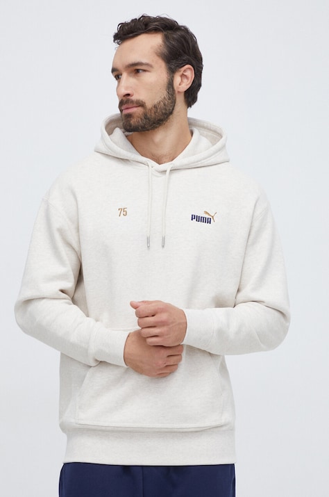 Puma hanorac de bumbac barbati, culoarea bej, cu glugă, cu imprimeu