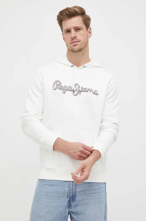 Хлопковая кофта Pepe Jeans Ryan мужская цвет белый с капюшоном с аппликацией