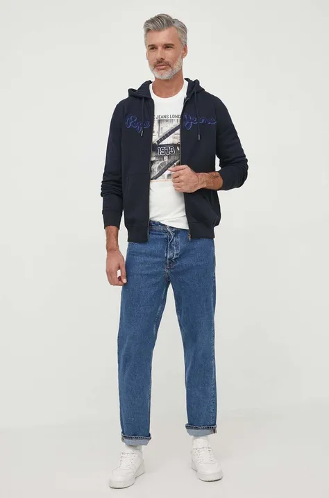 Хлопковая кофта Pepe Jeans RYAN мужская цвет синий с капюшоном с аппликацией
