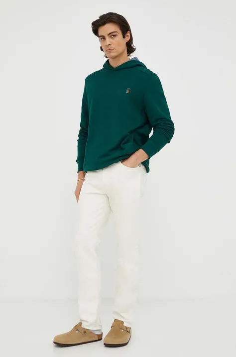 PS Paul Smith bluza bawełniana męska kolor zielony z kapturem gładka