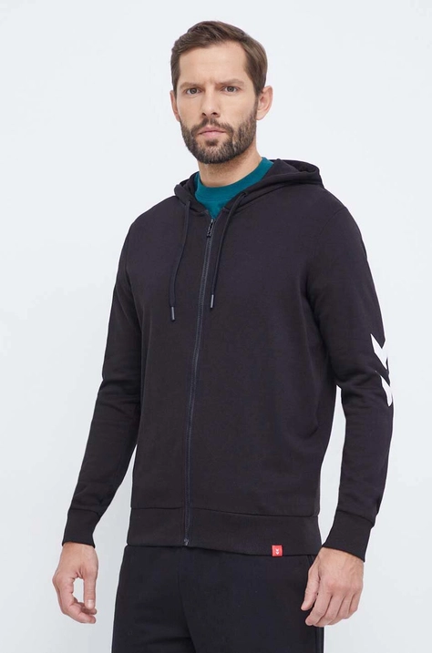 Bavlněná mikina Hummel hmlLEGACY ZIP HOODIE pánská, černá barva, s kapucí, s potiskem, 212566