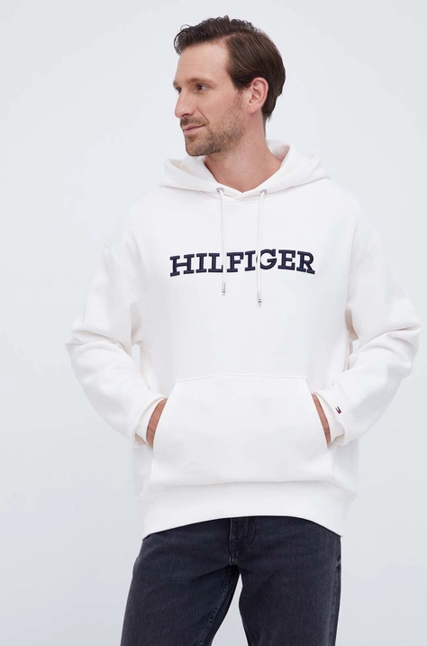 Pulover Tommy Hilfiger moška, bež barva, s kapuco