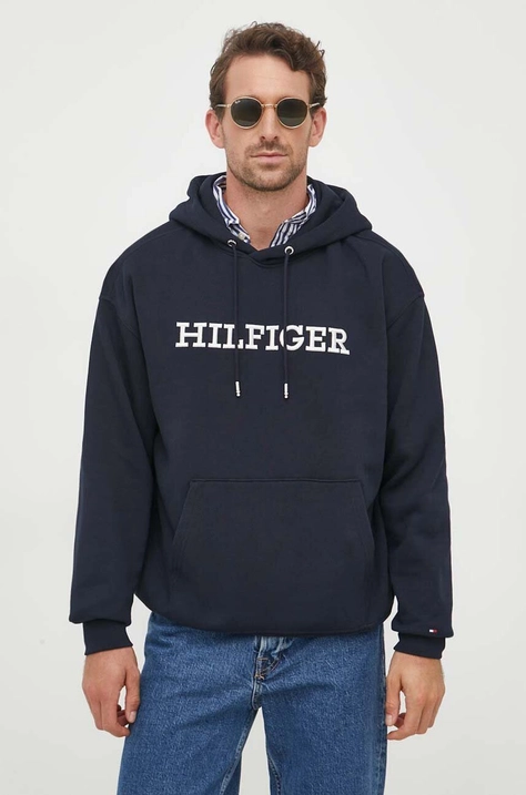 Tommy Hilfiger felső sötétkék, férfi, nyomott mintás, kapucnis