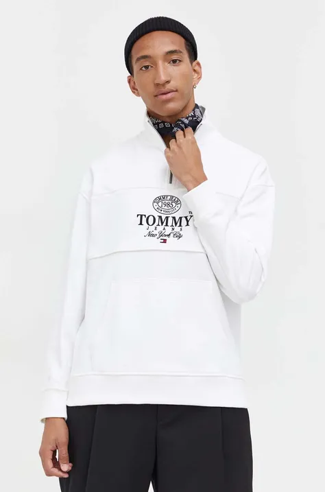 Bavlněná mikina Tommy Jeans pánská, bílá barva, s aplikací