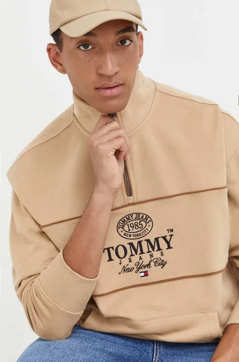 Хлопковая кофта Tommy Jeans мужская цвет бежевый с аппликацией