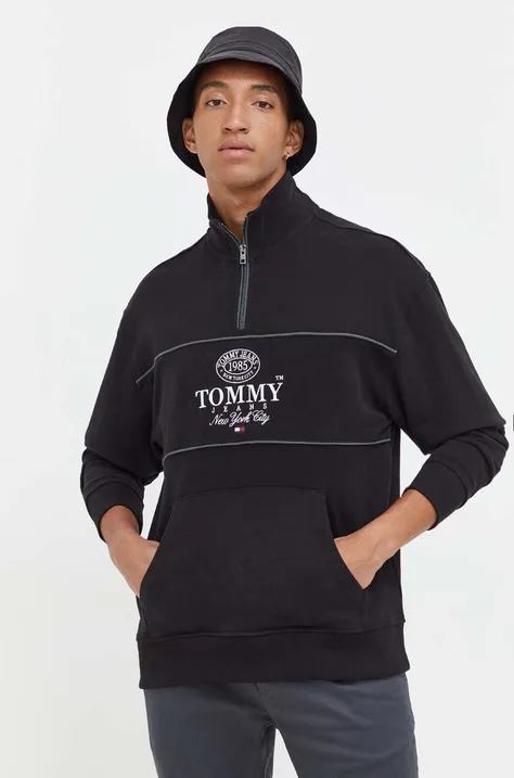Bavlnená mikina Tommy Jeans pánska, čierna farba, s nášivkou