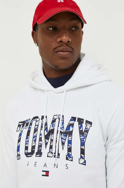 Bombažen pulover Tommy Jeans moška, bela barva, s kapuco
