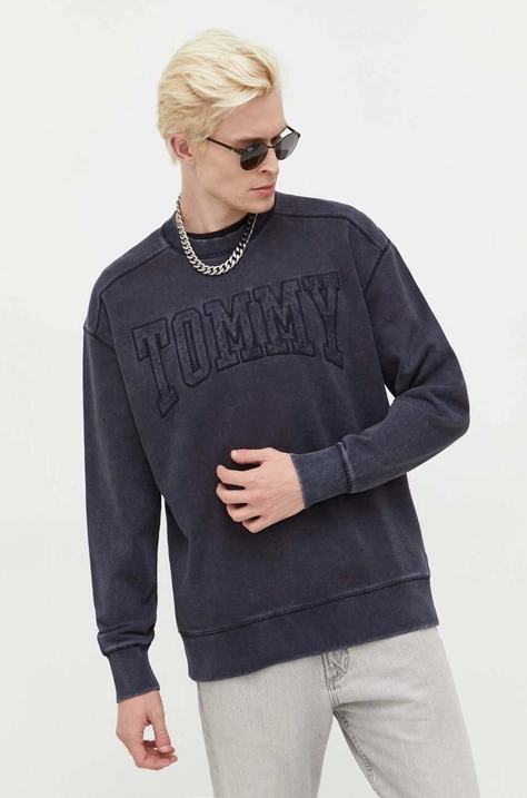 Bavlněná mikina Tommy Jeans pánská, šedá barva, s aplikací