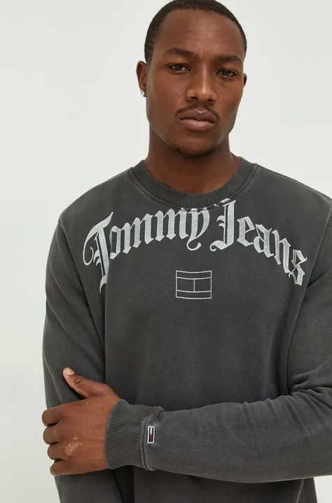 Dukserica Tommy Jeans za muškarce, boja: siva, s kapuljačom, s tiskom