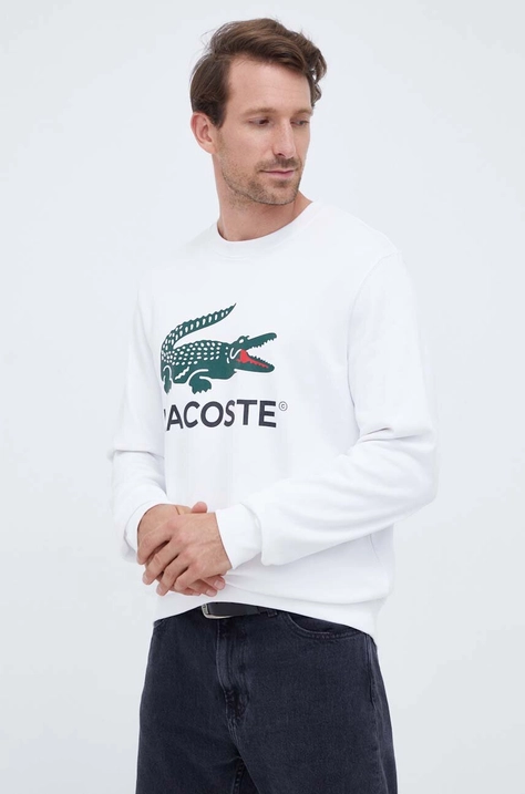 Lacoste hanorac de bumbac barbati, culoarea alb, cu imprimeu