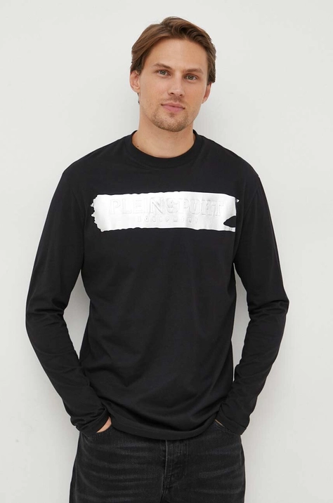 PLEIN SPORT longsleeve bawełniany kolor czarny z nadrukiem