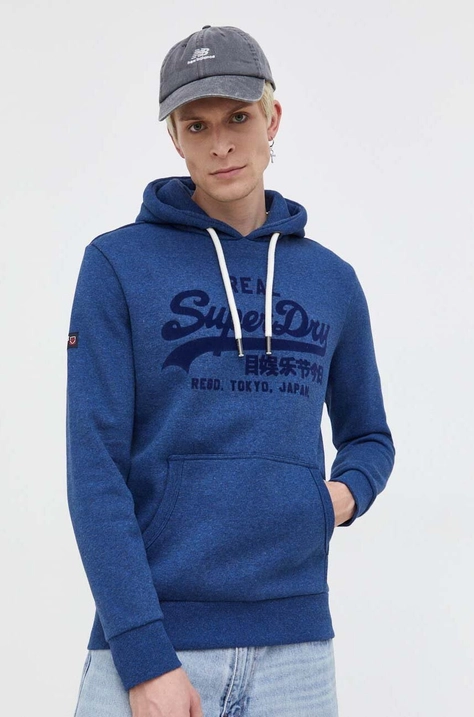 Суичър Superdry в синьо с качулка с апликация