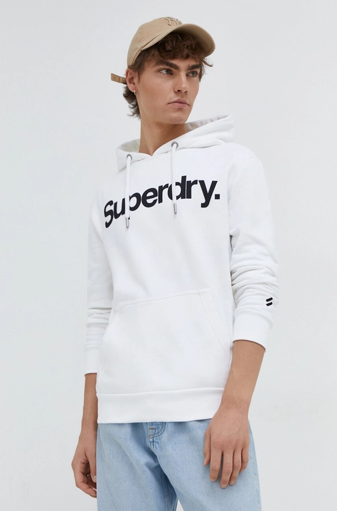 Superdry hanorac de bumbac barbati, culoarea bej, cu glugă, cu imprimeu