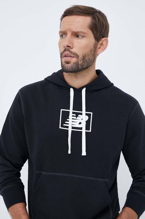 New Balance bluza barbati, culoarea negru, cu glugă, cu imprimeu