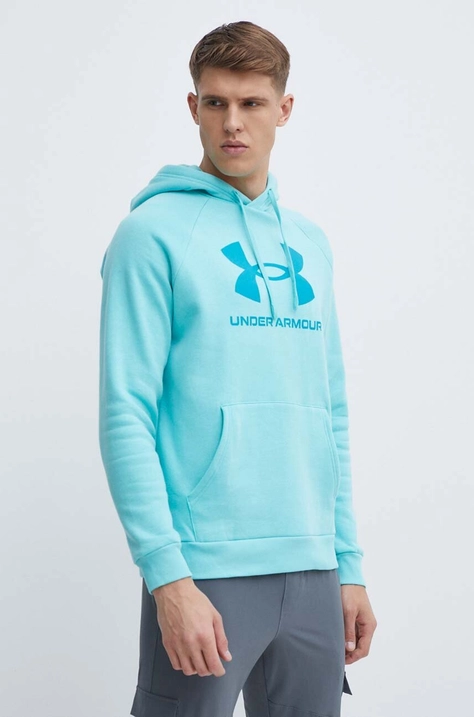 Mikina Under Armour pánská, tyrkysová barva, s kapucí, s potiskem