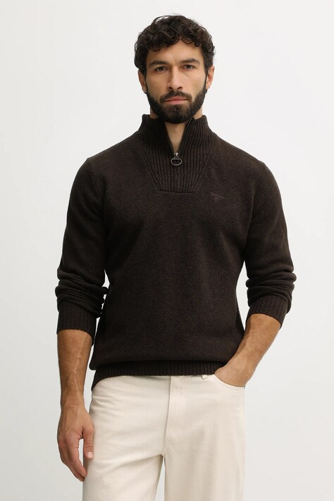 Barbour sweter wełniany męski kolor brązowy lekki z półgolfem MKN0339