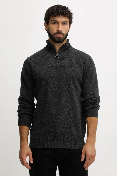 Barbour sweter wełniany męski kolor szary lekki z półgolfem MKN0339