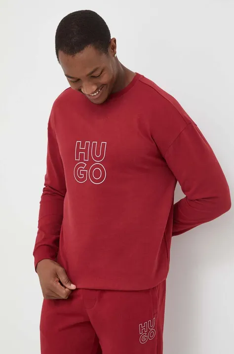 HUGO bluza bawełniana lounge kolor bordowy z nadrukiem