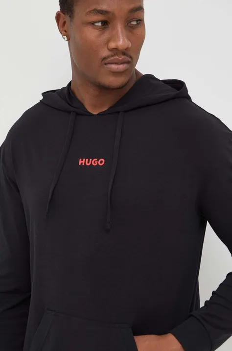 Кофта лаунж HUGO колір чорний з капюшоном однотонна