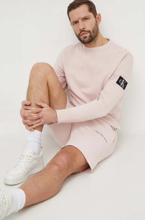 Calvin Klein Jeans bluza bawełniana męska kolor różowy gładka