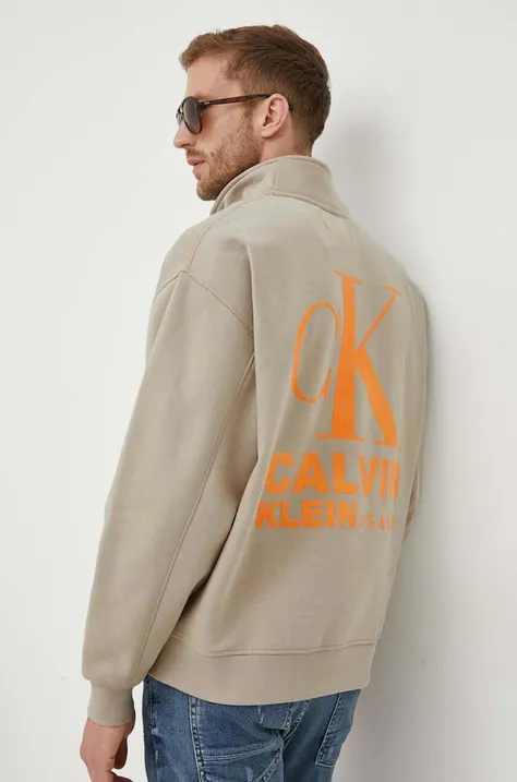 Calvin Klein Jeans bluza barbati, culoarea bej, cu imprimeu